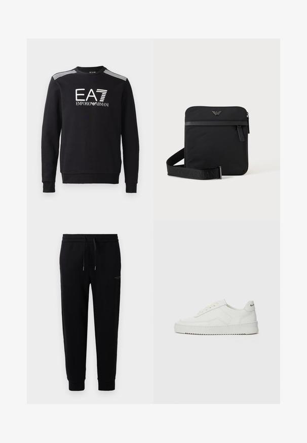 Zwarte sweatshirt van katoen, met een ronde hals, lange mouwen, een wit EA7-logo en strepen over de schouders.; Zwarte joggingsbroek van katoenmix met een elastische tailleband met trekkoord, boordjes aan de enkels en een subtiele logo-print aan de zijkant.; Witte leren sneaker met een gladde afwerking, ronde neus, platte veters en een gestructureerde zool. Kenmerkt zich door een subtiel logo op de hiel.; Zwarte vierkante schoudertas met ritssluiting, voorvak en verstelbare band met geperste merknaam.