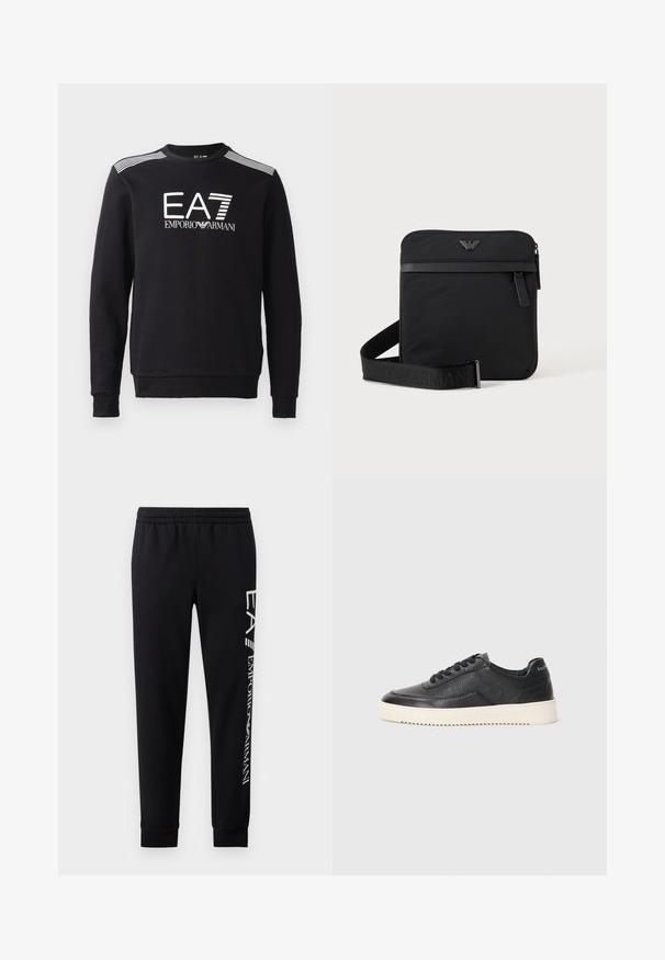 Sweatshirt noir en coton, avec un col rond, des manches longues, un logo EA7 blanc et des rayures sur les épaules.; Pantalons de survêtement noirs en mélange de coton, dotés d'une taille élastique, de jambes fuselées, de poignets côtelés et d'un imprimé logo blanc sur le côté.; Baskets en cuir noir avec finition texturée, bout rond et semelle plate en caoutchouc blanc. Présentent des lacets noirs et un logo sur le talon.; Sac bandoulière carré noir avec fermeture éclair, poche avant et sangle réglable avec nom de marque embossé.