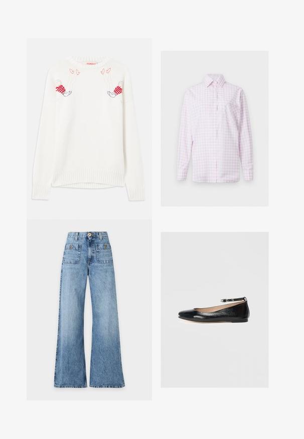 Hvid strikket sweater med broderede figurer i rød og blå. Rund hals, ribbede manchetter og kant. Blød tekstur, afslappet pasform.; Lyserød og hvidternede skjorte med lange ærmer, knapper foran, spids krave og hjerteformet syet lomme på venstre bryst.; Blå denim jeans med høj talje og vide ben, foran med lappede lommer og bæltestropper, knap- og lynlås-lukning.; Sort læderballetflad med rund tå, ankelrem og lav hæl. Glat tekstur og minimalistisk design.