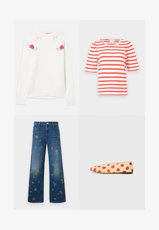 Hvid strikket sweater med broderede figurer i rød og blå. Rund hals, ribbede manchetter og kant. Blød tekstur, afslappet pasform.; Rød- og hvidstribet kortærmet top med ribbet tekstur og rund halsudskæring. Puffærmer tilføjer volumen til designet.; Blå cowboybukser med brede ben og flerfarvede broderede blomster mønstre spredt over front og bagside.; Flad sko med en gul stofoverdel, der har et blomstermønster i rødt. Spids tå, minimalistisk design og en sort gummisål.
