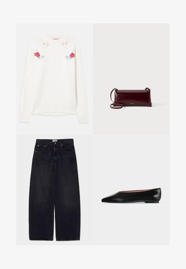 Hvid strikket sweater med broderede figurer i rød og blå. Rund hals, ribbede manchetter og kant. Blød tekstur, afslappet pasform.; Bredde ben sorte denim jeans med kobberknapper, to frontlommer og en glat overflade. Rent design med lige snit.; Sort damesko i læder med flad hæl og spids tå, vist fra siden på en ensfarvet lys grå baggrund.; Bordeaux læder crossbody taske med en glat tekstur, rektangulær form, flaplukning og en tynd justerbar rem. Guldlogo detalje synlig.