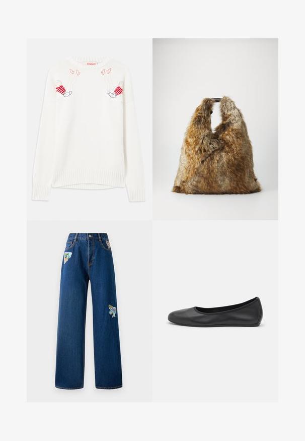 Hvid strikket sweater med broderede figurer i rød og blå. Rund hals, ribbede manchetter og kant. Blød tekstur, afslappet pasform.; Mørkeblå denim bukser med brede ben og to farverige broderede lapper foran. Har standardlommer og synlige syninger.; Sort læderballetsko med rund tå, glat tekstur, minimal syning og et fleksibelt såldesign.; Brun og grå faux fur håndtaske med korte sorte håndtag, stående oprejst mod en simpel hvid baggrund.
