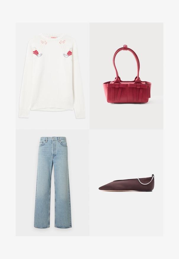 Sweater blanc en tricot avec des figures brodées en rouge et bleu. Col ras du cou, poignets et ourlet côtelés. Texture douce, coupe décontractée.; Jean large coupe pattes d'éléphant bleu clair en tissu denim avec une taille haute. Comprend cinq poches, une fermeture à bouton, et une texture subtilement délavée.; Chaussure plate marron foncé à bout pointu avec un petit talon et un détail chaîne en strass argentée à l'arrière.; Sac à main en cuir rouge avec deux poignées supérieures, nœuds décoratifs à l'avant et une étiquette sur le côté, sur fond blanc.