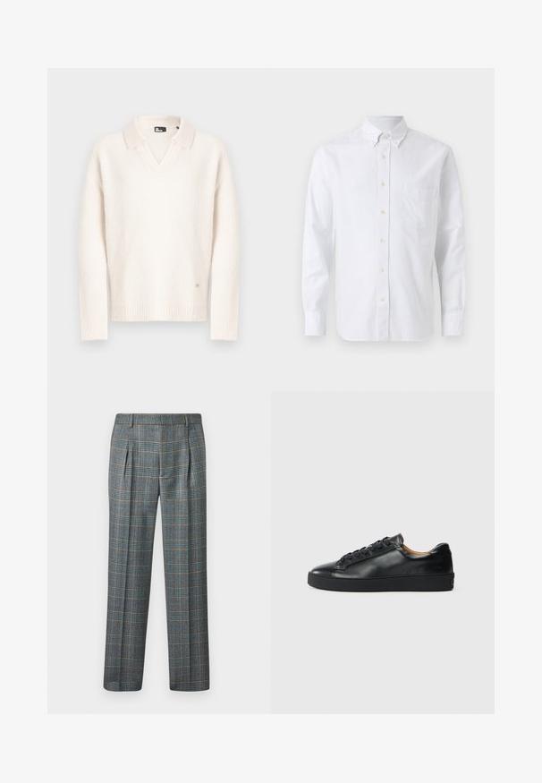 Pull blanc à col en V avec un col, confectionné en matériau doux et texturé. Dispose de poignets et d'un ourlet côtelés, avec un petit logo en bas.; Chemise blanche à manches longues avec boutons sur le devant, col à boutons, et une poche poitrine, présentée sur un fond uni.; Pantalons à carreaux gris avec des lignes bleues et orange, devant plissé, design à jambe droite, fabriqués à partir d'un tissu texturé, taille avec passants de ceinture.; Baskets en cuir noir avec une texture lisse, bout rond et fermeture à lacets. Comprend une semelle en caoutchouc épaisse et un minimum de détails de marque.