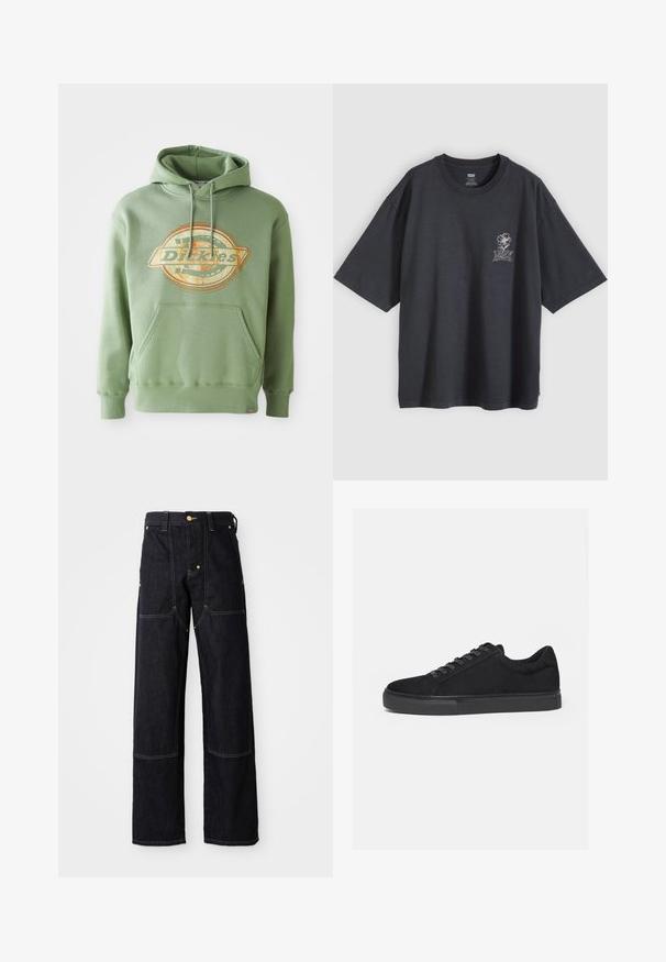 Πράσινο hoodie με κεντρικό γραφικό λογότυπο σε πορτοκαλί και μπεζ. Διαθέτει μπροστινή τσέπη, κουκούλα με κορδόνια και ριμπ μανσέτες. Από βαμβάκι.; Μαύρο φαρδιάς γραμμής T-shirt με κοντά μανίκια, στρογγυλή λαιμόκοψη και μικρό λευκό λουλούδι με κείμενο στο αριστερό στήθος.; Σκούρο μπλε τζιν παντελόνι με ίσια γραμμή, με κίτρινα ραφές και μπροστινές τσέπες. Το ύφασμα φαίνεται ανθεκτικό και υφασμένο.; Μαύρο sneaker χαμηλού τύπου με κορδόνια εμπρός και επίπεδη λαστιχένια σόλα, εμφανίζεται από το πλάι σε λευκό φόντο.