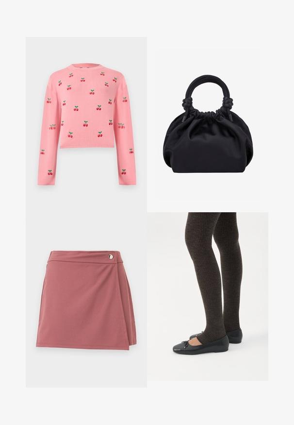 Pull court à manches longues rose avec motifs répétés de cerises rouges et feuilles vertes sur le devant et les manches.; Jupe portefeuille courte en rose poussiéreux avec un petit bouton argenté près de la ceinture sur un fond clair uni.; Jambes portant des leggings côtelés foncés associés à des ballerines noires avec de petits détails en nœud sur fond blanc.; Sac à main en tissu noir doux avec haut froncé et poignées circulaires rembourrées nouées de chaque côté.
