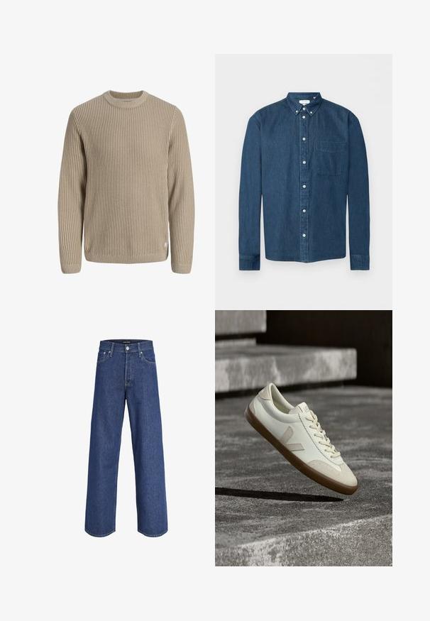 Pull en maille côtelée beige avec manches longues et col rond, présenté sur un fond clair.; Chemise en denim bleu foncé boutonnée, manches longues, une poche avant à gauche et un col boutonné, présentée sur fond blanc.; Jean en denim bleu à jambes larges avec fermeture à bouton et à glissière, passants de ceinture et poches avant, présenté sur fond blanc.; Baskets en cuir blanc avec semelle en caoutchouc beige, lacets plats et accent en forme de V sur le côté. Présentent une surface lisse et peu de détails de couture.