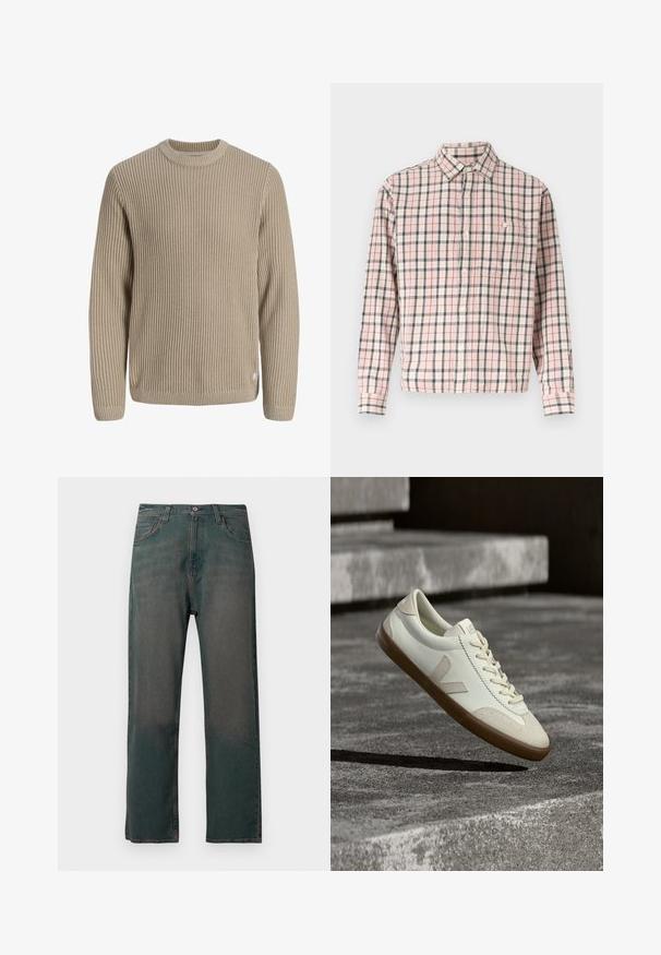 Pull en maille côtelée beige avec manches longues et col rond, présenté sur un fond clair.; Chemise à manches longues boutonnée avec un motif à carreaux rose, blanc et gris, dotée d'une poche poitrine unique avec un bouton.; Jean en denim vert foncé avec une coupe droite, doté d'un design classique à cinq poches et de coutures contrastantes le long des coutures.; Baskets en cuir blanc avec semelle en caoutchouc beige, lacets plats et accent en forme de V sur le côté. Présentent une surface lisse et peu de détails de couture.