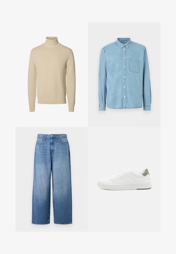 Beige gebreide coltrui met lange mouwen en geribde boordjes en zoom, getoond op een effen witte achtergrond.; Lichtblauw denim overhemd met lange mouwen, een button-down kraag, een borstzak aan de voorkant en witte knopen middenvoor en op de manchetten.; Lichte blauwe denim jeans met wijde pijpen en een licht vervaagde afwerking. Voorzien van een klassiek vijf zakken ontwerp en metalen knoopsluiting.; Witte sneaker van glad leer met een ronde neus, minimalistisch ontwerp, grijze hielaccent en een geplaatste rubberen zool.