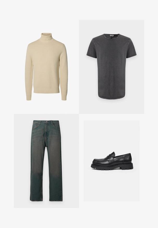 Beige strikket rullekravesweater med lange ærmer og ribstrikkede manchetter og kant, vist på en ensfarvet hvid baggrund.; Grå t-shirt med korte ærmer og rund hals, lavet af blødt stof, med en let buet kant og synlige sømdetaljer.; Mørkegrønne denimjeans med lige ben, der har et klassisk design med fem lommer og kontrastsyninger langs sømmene.; Sort læderloafer med tyk rillede sål og penny-remdetalje, vist i højre sideprofil på hvid baggrund.