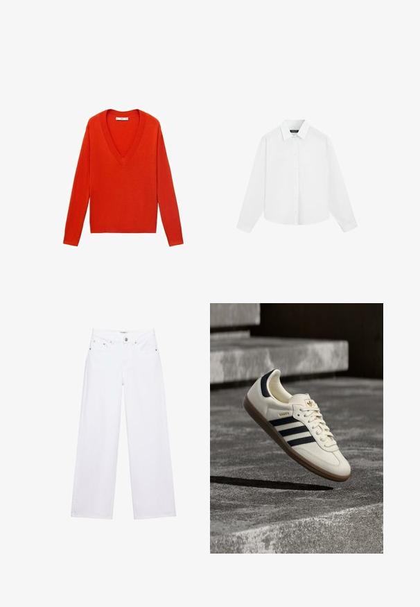 Pull rouge à col en V avec des manches longues et une coupe décontractée. Fabriqué en matériau tricot doux, présentant des accents côtelés subtils au niveau de l'ourlet et des poignets.; Chemise blanche à manches longues avec boutons et col, présentée à plat sur un fond blanc.; Jean blanc taille haute à jambes larges avec fermeture à boutons et zip, poches avant et arrière, et détails en rivets argentés.; Baskets blanches Adidas Samba avec des bandes noires et une semelle en gomme, flottant au-dessus de marches en béton gris texturé.