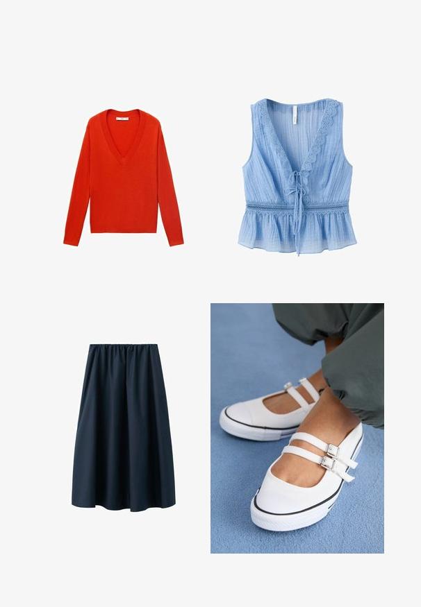 Pull rouge à col en V avec des manches longues et une coupe décontractée. Fabriqué en matériau tricot doux, présentant des accents côtelés subtils au niveau de l'ourlet et des poignets.; Blouse sans manches bleu clair avec col en V, bordure en dentelle, fermeture à nouer devant et bas peplum en tissu froissé.; Jupe midi bleu marine avec taille élastique froncée, texture lisse et silhouette fluide, présentant une forme subtile en ligne A.; Baskets blanches en toile avec deux sangles ajustables, bout noir et semelle en caoutchouc texturé. Portées avec un pantalon vert ample sur une surface bleue.