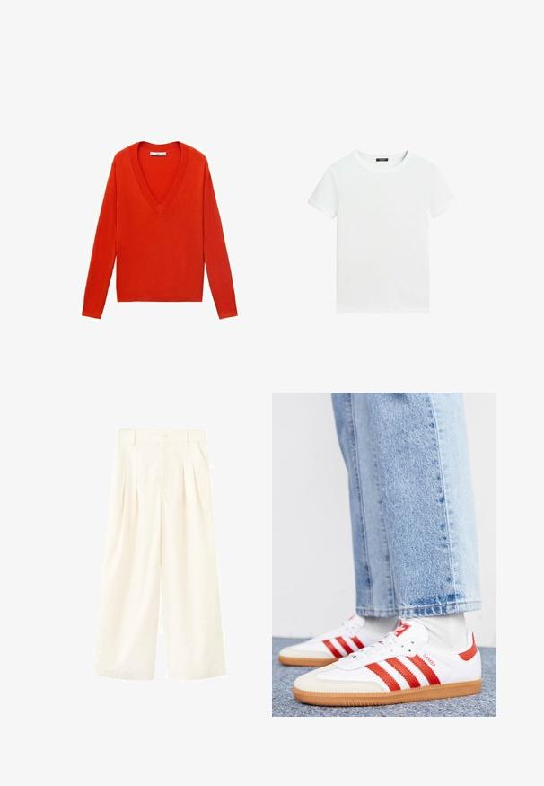 Rød V-hals sweater med lange ærmer og en afslappet pasform. Lavet af blødt strikmateriale, med subtile ribbede detaljer ved kanten og manchetterne.; Almindelig hvid T-shirt med korte ærmer, rund halsudskæring og lille sort label inden i kraven.; Cremefarvede bukser med vide ben, plisseringer, knaplukning i taljen og sidelommer. Fremstillet af et glat stof, der giver en løs pasform og rene linjer.; Hvide lædersneakers med røde striber og accenter. Har en tekstureret gummisål og polstret krave. Bæres med lyseblå denim.
