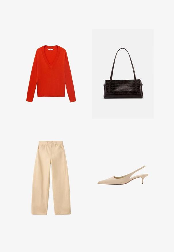 Rød V-hals sweater med lange ærmer og en afslappet pasform. Lavet af blødt strikmateriale, med subtile ribbede detaljer ved kanten og manchetterne.; Beige bukser med vide ben, bæltestropper, forlommer og et rent, enkelt design, lagt fladt på en hvid baggrund.; Beige læder slingback pumpe med spids tå, lav kitten hæl og glat finish.; Rektangulær mørkebrun håndtaske med præget krokodilletekstur og to tynde skulderremme mod en ensfarvet baggrund.