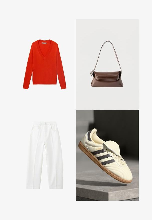 Pull rouge à col en V avec des manches longues et une coupe décontractée. Fabriqué en matériau tricot doux, présentant des accents côtelés subtils au niveau de l'ourlet et des poignets.; Jean blanc à taille haute, coupe droite, avec poches avant, passants pour ceinture et fermeture par bouton.; Baskets en cuir crème avec trois bandes sombres, une semelle extérieure en gomme marron et un bout arrondi. Présentent une languette pliable étiquetée "SAMBA."; Sac à bandoulière en cuir marron avec une boucle argentée sur la sangle et un rabat à rabat, présenté sur un fond blanc.