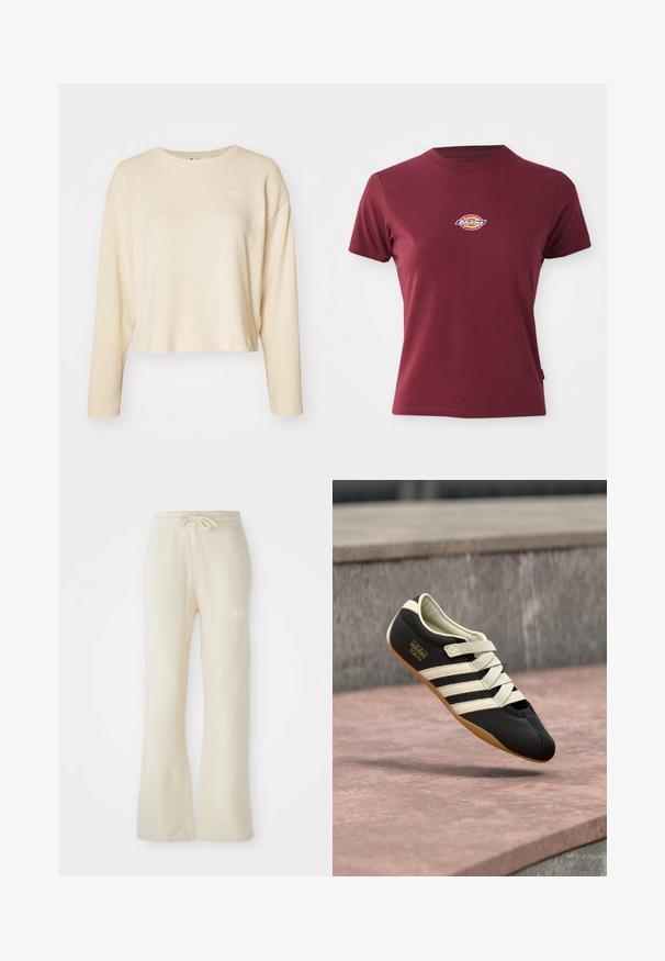 Pull court couleur crème avec des manches longues, fabriqué en tissu texturé. Présente un petit logo discret sur la poitrine et un col rond.; T-shirt court à manches courtes de couleur bordeaux en coton, avec un col rond et un petit logo "Dickies" multicolore sur la poitrine.; Pantalons de sport couleur crème avec une texture douce, dotés d'une taille à cordon de serrage et de jambes évasées. Détail de logo subtil sur la hanche gauche.; Chaussure de sport noire avec des rayures et des lacets crème, présentant un profil bas, une texture lisse et une semelle en caoutchouc pour une bonne adhérence. Étiquette de la marque visible.