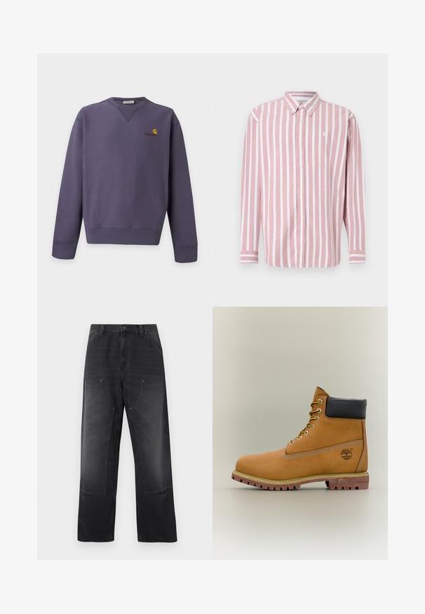 Sweat-shirt violet col rond avec manches longues et petit logo Carhartt jaune et rouge sur la partie supérieure gauche de la poitrine.; Chemise à boutons rayée rose et blanche. Comprend un col, des manches longues et un petit logo. Fabriquée en tissu tissé.; Jean noir à jambe large avec poches plaquées à l'avant, passants pour ceinture, et fermeture par bouton et zip.; Bottine en cuir marron avec col noir, lacets jaunes et semelle beige. Présente un logo et des détails de couture blanche. Semelle extérieure à traction robuste.