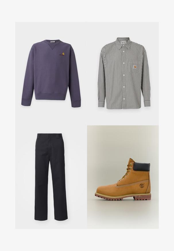 Sweat-shirt violet col rond avec manches longues et petit logo Carhartt jaune et rouge sur la partie supérieure gauche de la poitrine.; Chemise à manches longues à rayures verticales noires et blanches avec un col boutonné. Elle possède une poche poitrine avec un patch logo beige.; Pantalons droits noirs en tissu en mélange de coton. Présentent une taille plate avec passants de ceinture et sans matériel ou embellissements visibles.; Bottine en cuir marron avec col noir, lacets jaunes et semelle beige. Présente un logo et des détails de couture blanche. Semelle extérieure à traction robuste.