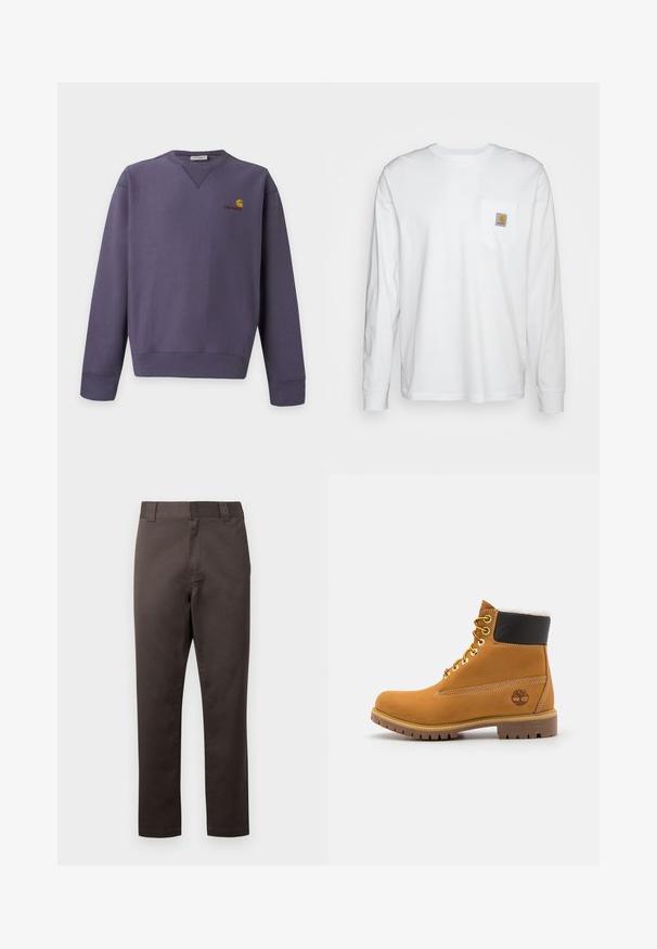 Sweat-shirt violet col rond avec manches longues et petit logo Carhartt jaune et rouge sur la partie supérieure gauche de la poitrine.; Chemise blanche à manches longues en coton, dotée d'une poche poitrine avec un patch logo carré. Design simple avec un col arrondi et des manches à poignets.; Chinos en coton marron avec une coupe droite, poches avant, passants pour ceinture, et une texture lisse. Aucun motif ou accent visible.; Bottine en cuir brun avec œillets en métal, doublure en fourrure blanche, col rembourré noir, semelle robuste et logo en relief sur le côté.