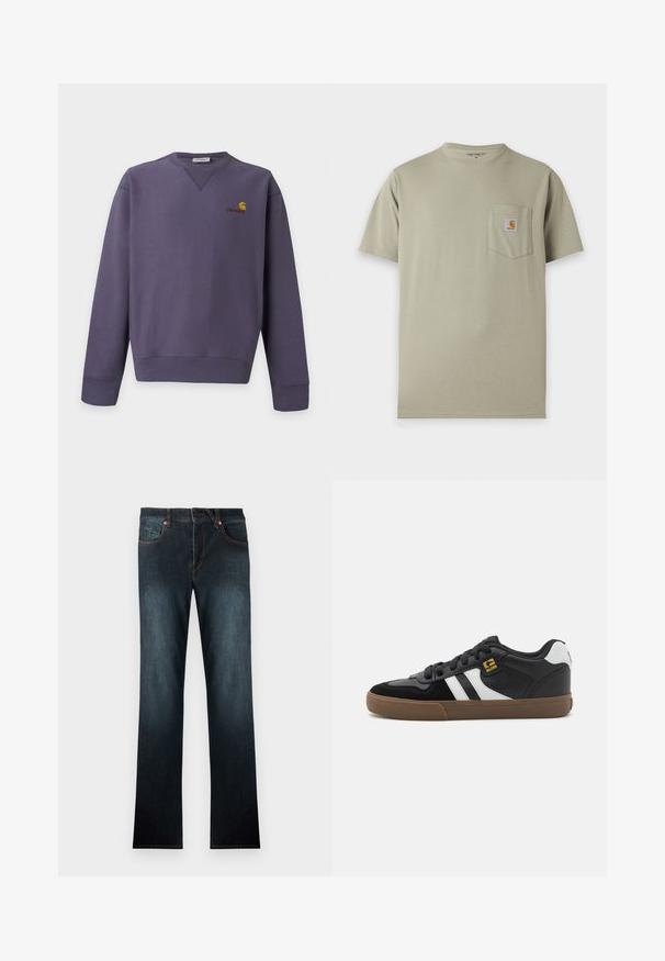Sweat-shirt violet col rond avec manches longues et petit logo Carhartt jaune et rouge sur la partie supérieure gauche de la poitrine.; T-shirt Carhartt beige à manches courtes avec une poche poitrine comportant un écusson logo Carhartt sur fond blanc.; Jean en denim bleu foncé avec une coupe droite, style cinq poches, rivets en cuivre et fermeture par bouton. Texture lisse avec un minimum de décoloration.; Baskets noir et blanc avec une tige en daim et en cuir, présentant des rayures blanches, des lacets noirs et une semelle en caoutchouc marron. Accents de logo dorés.