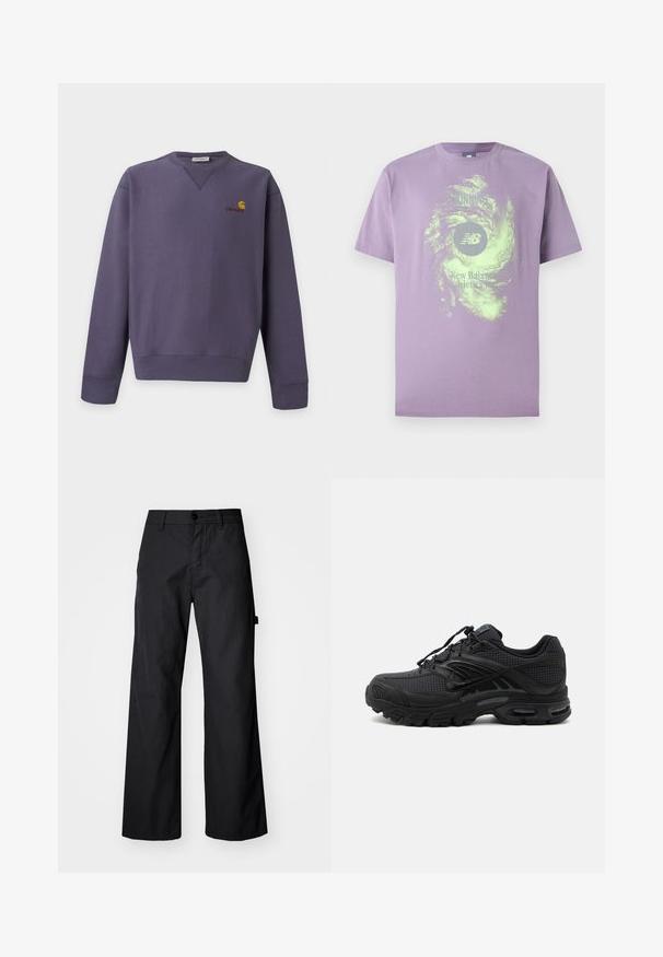 Sweat-shirt violet col rond avec manches longues et petit logo Carhartt jaune et rouge sur la partie supérieure gauche de la poitrine.; T-shirt en coton lavande avec col rond, présentant un motif abstrait en spirale verte et le logo imprimé "New Balance Athletics".; Pantalons larges noirs en tissu durable. Fermeture à bouton et poches latérales. Texture lisse avec un design épuré.; Baskets de sport noires avec tissu texturé, semelle épaisse et rembourrée, aérations et fermeture à lacets, vues de profil sur fond clair.