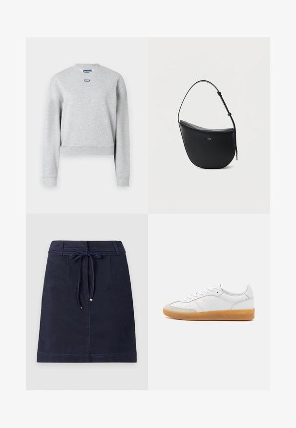 Sweatshirt gris avec un col rond, des manches longues et des poignets côtelés. Présente une petite étiquette logo bleue sur le devant supérieur. Texture douce.; Jupe bleu marine en tissu durable, dotée d'une taille à cordon de serrage, de poches latérales et de détails de couture contrastants. Shape en A, longueur genou.; Baskets en cuir blanc avec des accents en suédine beige, semelle en caoutchouc gomme et design à lacets. Présente un logo discret en doré.; Sac à bandoulière en cuir noir en forme de demi-lune avec une bandoulière réglable et le logo doré « BOSS » centré sur le devant.