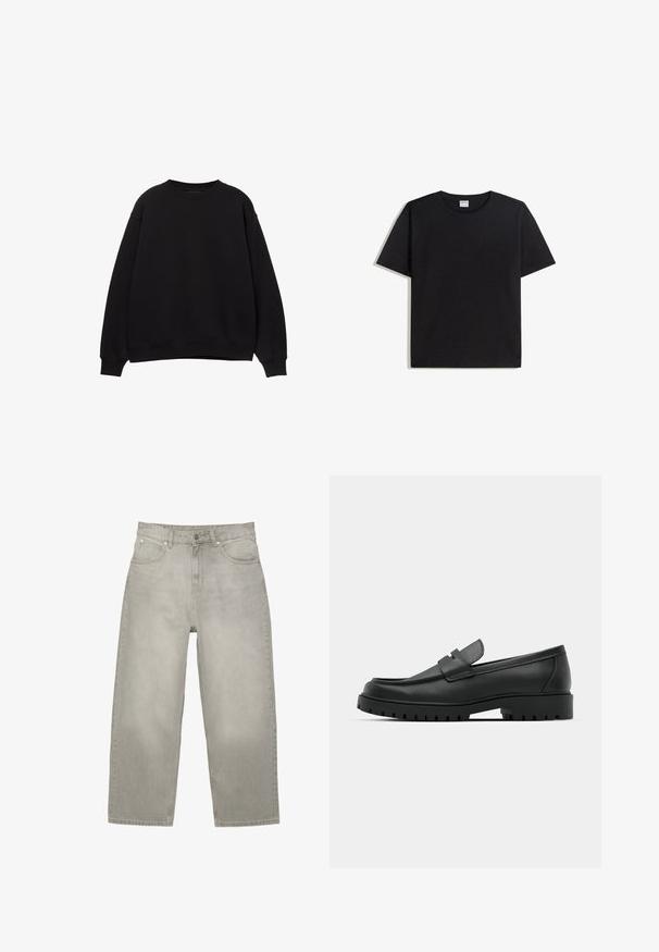 Sweat-shirt noir avec un col rond, des épaules tombantes et des poignets côtelés. Fabriqué en matériau doux, il présente un design simple et classique.; T-shirt noir à col rond en coton avec manches courtes. Il offre une coupe décontractée, sans motifs ni accents, avec une texture lisse.; Jean droit gris clair avec poches avant, passants pour ceinture, et une fermeture à bouton et zip, posé à plat sur un fond blanc.; Mocassins en cuir noir à bout arrondi, avec un design cousu, une semelle plateforme basse et une semelle en caoutchouc texturée et crantée.