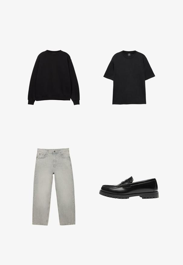 Sweat-shirt noir avec un col rond, des épaules tombantes et des poignets côtelés. Fabriqué en matériau doux, il présente un design simple et classique.; T-shirt noir à manches courtes et col rond, coupe décontractée, avec une petite étiquette de la marque à l'intérieur de l'encolure.; Jean en denim gris clair à taille haute, jambes droites, fermeture à boutons à l'avant et cinq poches, posé à plat sur un fond blanc.; Mocassin en cuir noir avec une semelle en caoutchouc épaisse et un détail classique de bride à monnaie, vu de côté extérieur.