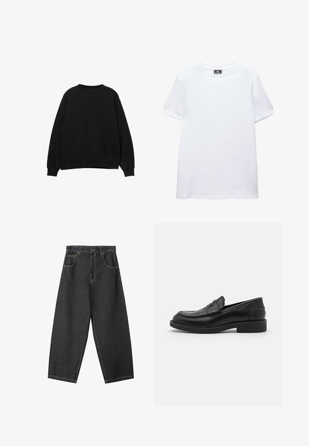 Sweat-shirt noir avec un col rond, des épaules tombantes et des poignets côtelés. Fabriqué en matériau doux, il présente un design simple et classique.; T-shirt blanc uni à manches courtes, col rond, avec une étiquette noire Pull&Bear à l'intérieur du col, présenté sur fond blanc.; Pantalons wide-leg en denim noir avec des coutures jaunes, un design à cinq poches et une taille mi-haute. Tissu texturé avec une finition lisse.; Mocassins en cuir noir avec un bout arrondi, des coutures ton sur ton et un détail de sangle à l'avant. Semelle en caoutchouc avec un petit talon.