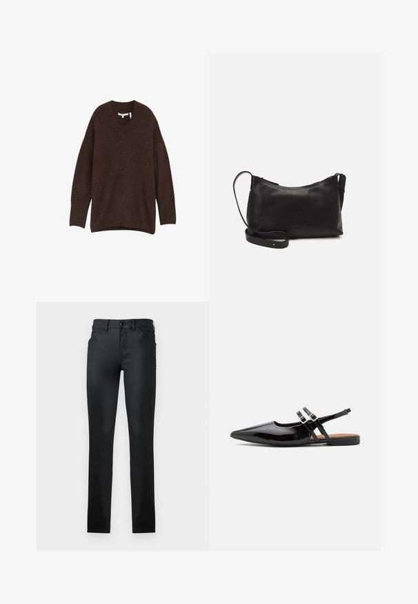 V-hals, losse trui in donkergrijs. Gemaakt van zachte stof met lange mouwen en zijsplitten voor comfort en bewegingsvrijheid.; TOM TAILOR TTLUCIE SKINNY FIT - Jeans Skinny Fit - coated black denim; Zwarte gepatineerde leren slingback schoenen hebben een spitse neus, twee banden met gespsieraden en een platte zool.; Zwarte leren schoudertas met een gladde textuur, gebogen vorm, verstelbare schouderband en een ritsafsluiting. Minimalistisch ontwerp zonder versieringen.