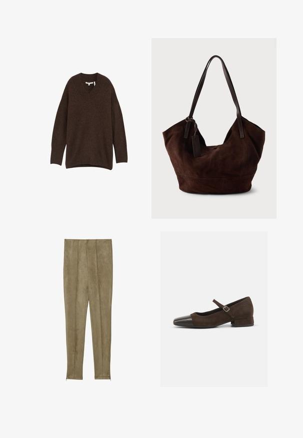 V-hals, losse trui in donkergrijs. Gemaakt van zachte stof met lange mouwen en zijsplitten voor comfort en bewegingsvrijheid.; Khaki nepkatoenen leren broek met verticale naaddetails en smalle boorden, met een gladde textuur en een getailleerde silhoeet.; Bruine suède Mary Jane-schoen met een zwarte lakleren neuskap, een verstelbare band en een lage blokhak. Gladde textuur met minimale accenten.; Bruine suède handtas met een zachte, slungelige vorm. Voorzien van leren handvatten en een tagaccent. Eenvoudige textuur met gebogen naden.