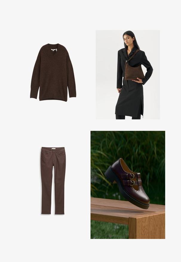 V-hals, løs siddende sweater i mørkegrå. Lavet af blødt materiale med lange ærmer og sideslids for komfort og bevægelsesfrihed.; Mørkebrune slim-fit bukser med frontlommer, bæltestropper og to-knaps lukning på hvid baggrund.; Mørkebrune lædersko med dobbelt rem, perforerede detaljer og tyk sort sål, hængende over et træbord udendørs.; Kvinde iført en sort blazer og nederdel, som holder en stor mørkebrun suedetaske mod en hvid baggrund.