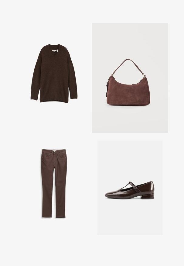 V-hals, losse trui in donkergrijs. Gemaakt van zachte stof met lange mouwen en zijsplitten voor comfort en bewegingsvrijheid.; Donkerbruine slim-fit broek met zakken aan de voorkant, riemlussen en sluiting met twee knoppen op een witte achtergrond.; Bruine lakleren Mary Jane-schoenen met een afgeronde neus, een uitgesneden ontwerp en een verstelbare riem. Lage blokhak.; Bruine suède schoudertas met een enkele handgreep en een ritssluiting, afgebeeld tegen een effen lichte achtergrond.