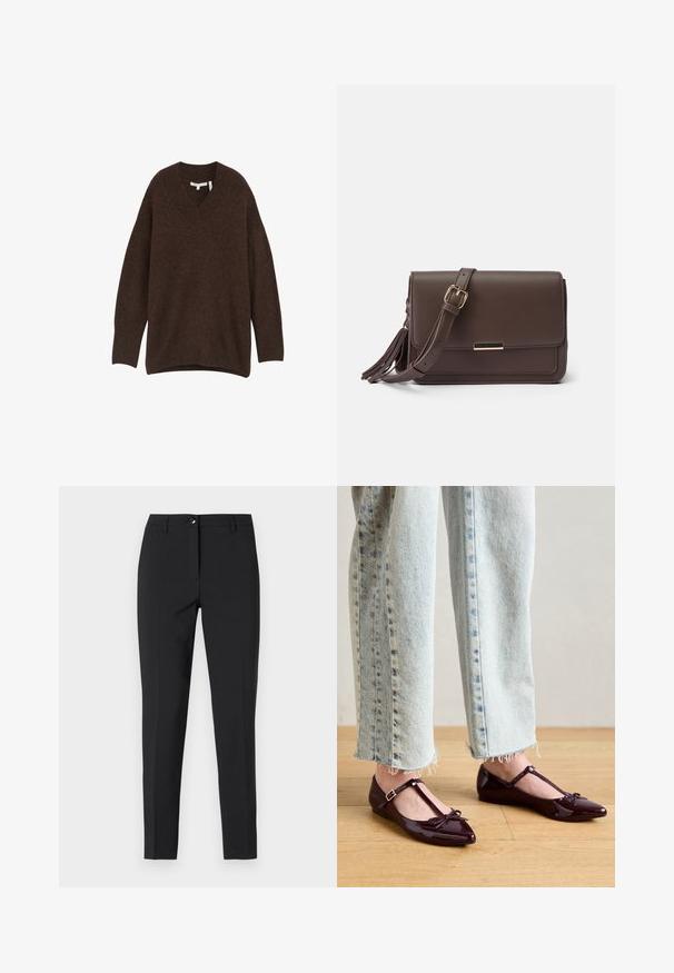 V-hals, løs siddende sweater i mørkegrå. Lavet af blødt materiale med lange ærmer og sideslids for komfort og bevægelsesfrihed.; Sorte figursyede bukser i glat stof med en klassisk talje, lynlås i fronten og sidelommer samt et elegant, skræddersyet design.; Blanke bordeauxrøde balletflade sko med T-rem, der har en sløjfedetalje ved tåen. Kombination med cropped lyseblå denimjeans.; Brun faux læder crossbody taske med klaplukning, hardware i guldtone og sidepompom detalje. Justerbar rem for alsidig brug.