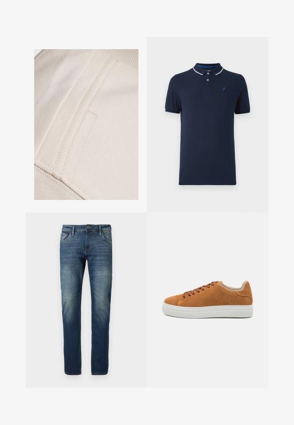 Beige katoenstof met zichtbare stiksels en een vlakke, gladde textuur. Heeft een subtiel zakdetail langs de naad.; Navyblauwe polo van katoen, met een gekleed hals, twee knopen, korte mouwen en een klein logo op de borst.; Blauwe denim jeans met een rechte pijp, vervaagde voorkant, contrasterende stiksels, vijf zakken en een knoopsluiting.; Tanm kleurige suède casual schoenen met bruine veters, een witte rubberen zool, een ronde neus en een minimalistisch ontwerp met een gestructureerde hakaccent.