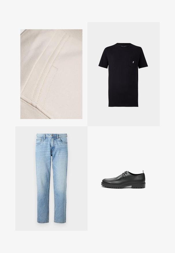 Beige katoenstof met zichtbare stiksels en een vlakke, gladde textuur. Heeft een subtiel zakdetail langs de naad.; Zwarte katoenen T-shirt met korte mouwen, ronde hals en een borstzak met een klein wit vogel-logo. Zachte textuur en eenvoudig ontwerp.; Lichtblauwe denim jeans met een rechte pijp, vijf zakken, vervaagde textuur en een klassieke knoop- en ritsluiting.; Zwarte lederen schoenen met een gladde afwerking, ronde neus en decoratieve stiksels. Beschikt over een rubberen zool met tractiegrepen en een vetersluiting.