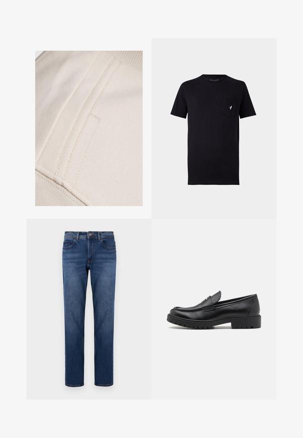Beige katoenstof met zichtbare stiksels en een vlakke, gladde textuur. Heeft een subtiel zakdetail langs de naad.; Zwarte katoenen T-shirt met korte mouwen, ronde hals en een borstzak met een klein wit vogel-logo. Zachte textuur en eenvoudig ontwerp.; Donkerblauwe denim jeans met een rechte pasvorm, vijf zakken en contrasterende stiksels. Afgewerkt met een knoop en ritssluiting.; Zwarte leren instappers met een ronde neus, slip-on ontwerp en dikke rubberen zool met een gestructureerde grip. Verhoogde hak en subtiele stikdetails.