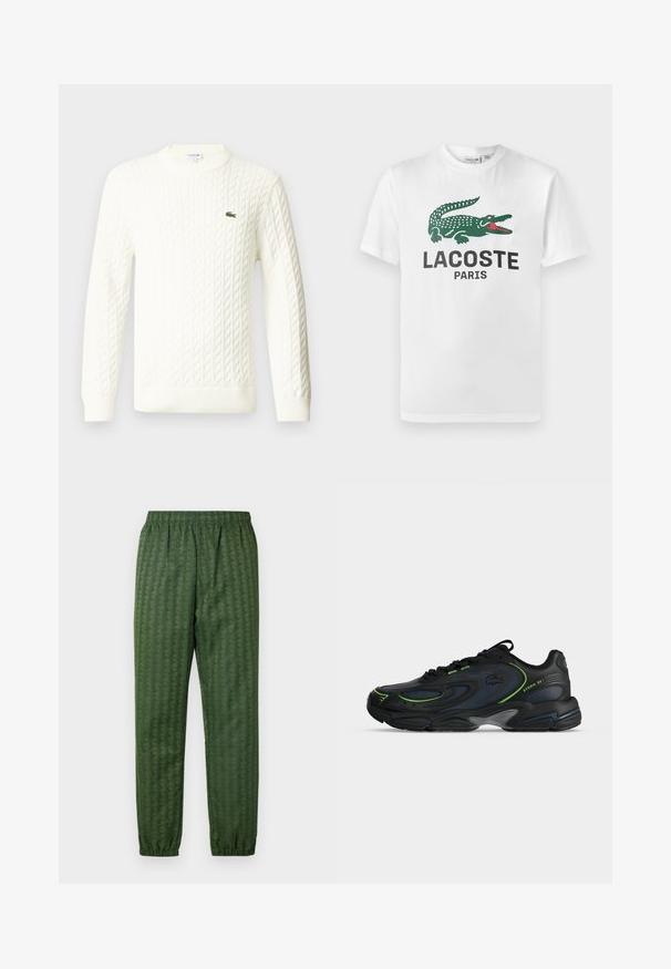 Biely sveter s pleteným vzorom a okrúhlym výstrihom, dlhými rukávmi a zeleným vyšívaným logom na hrudi. Vyrobený z mäkkej pleteniny.; Lacoste Tričko s potlačou - white; Zelené športové nohavice s elastickým pásom, zúženými nohavicami a celoplošným geometrickým vzorom. Vyrobené z ľahkého materiálu.; Čierny a námornícky modrý teniska so zelenými akcentmi, viazaním na šnúrky a hrubou podrážkou, bočný pohľad s textom "STORM 2K" pri päte.