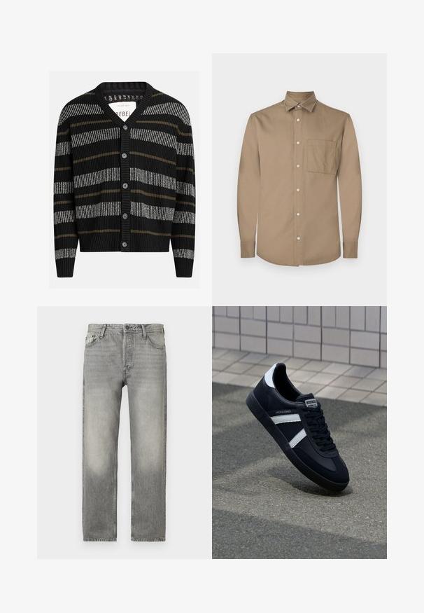 Zwarte cardigan met verticale strepen in grijs en olijfgroen. Heeft een V-hals, geribbelde manchetten en zes zwarte knopen aan de voorkant.; Bruine langesleeve shirt met knopen aan de voorkant, spitse kraag, enkele borstzak en een gladde, matte stofstructuur.; Grijze denim jeans met een relaxte pasvorm, voorzien van een vervagende wassing, vijf zakken, knoopsluiting en een rechte pijp.; Zwarte leren sneaker met witte strepen, een gestructureerde rubberen zool en vetersluiting aan de voorkant. Voorzien van een merklabel op de tong.
