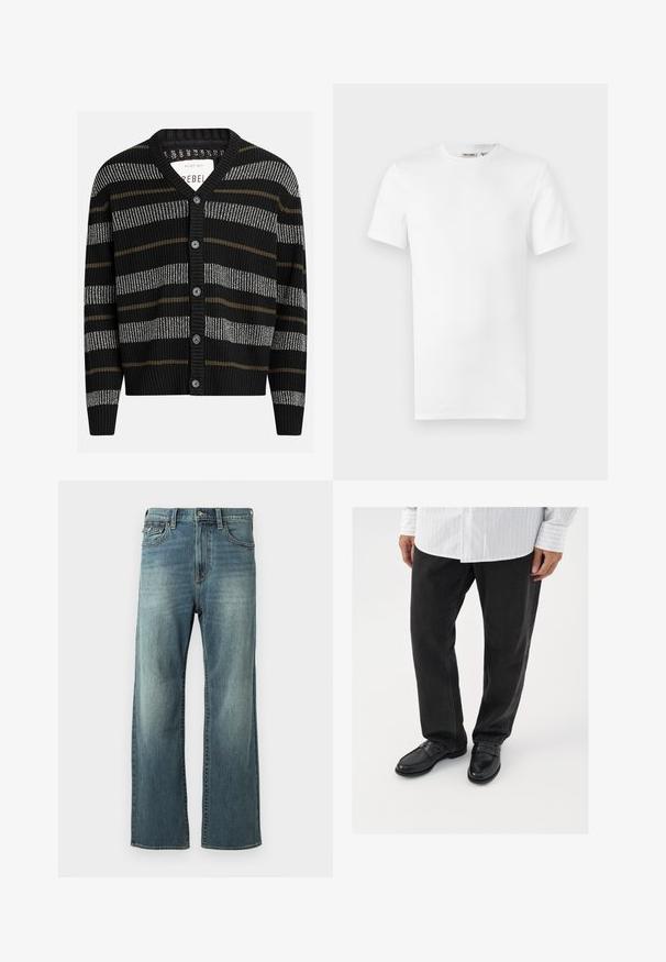 Sort cardigan med lodrette striber i grå og oliven. Har en V-hals, ribbede manchetter og seks sorte knapper foran.; Hvid, kortærmet T-shirt med rund hals og et lille brandlabel inde i kraven, vist på en hvid baggrund.; Lysblå denim jeans med lige ben, let falmet, fem lommer og bæltestropper. Har stikninger som accent og knaplukning.; Sorte denimbukser parret med skinnende sorte loafers. Skjorten er hvid med tynde lodrette striber, har lange ærmer og en knapkrave.