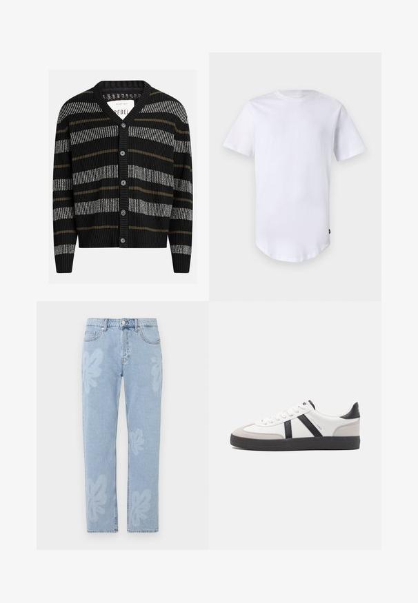 Cárdigan negro con rayas verticales en gris y oliva. Presenta un escote en V, puños acanalados y seis botones negros en la parte delantera.; Camiseta blanca de manga corta hecha de algodón. Diseño de cuello redondo con dobladillo curvado. Etiqueta visible en el lado inferior izquierdo. Textura suave.; Jeans de mezclilla azul claro con patrones florales y corte recto. Cintura estándar con cierre de botón y cinco bolsillos.; Zapatilla blanca con acentos en negro y gris, que presenta una puntera texturizada en gris, suela de goma negra y cordones planos blancos. Diseño limpio, estilo minimalista.