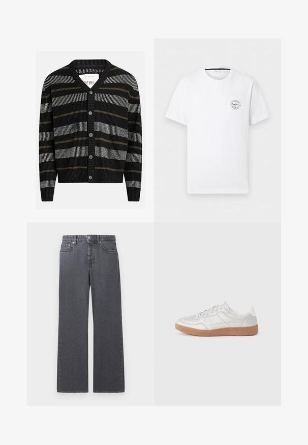 Zwarte cardigan met verticale strepen in grijs en olijfgroen. Heeft een V-hals, geribbelde manchetten en zes zwarte knopen aan de voorkant.; Witte T-shirt met korte mouwen en een klein, rond zwart logo op de linkerborst met de tekst "Pepe Jeans Notting Hill Est. 1973".; Donkere grijze denim jeans met rechte pijpen en hoge taille, voorzien van knopen aan de voorkant, rits en een ontwerp met vijf zakken, afgebeeld tegen een witte achtergrond.; Zilveren sneakers met een gladde textuur, vetersluiting, geperforeerde accenten en een gestructureerde bruine rubberen zool.