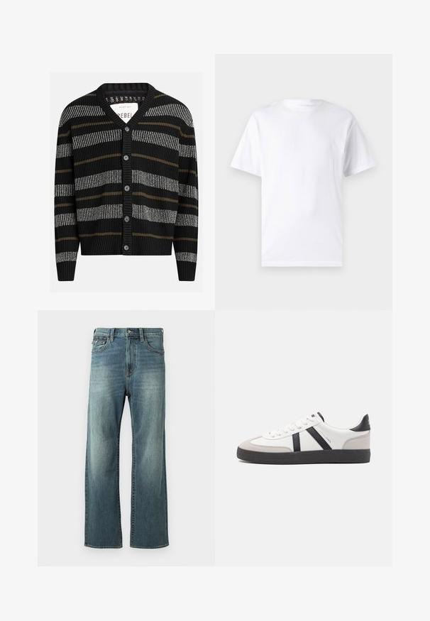 Cárdigan negro con rayas verticales en gris y oliva. Presenta un escote en V, puños acanalados y seis botones negros en la parte delantera.; Camiseta blanca de manga corta hecha de algodón con cuello redondo, que presenta una textura suave y un diseño simple sin patrones ni acentos.; Jeans de mezclilla azul claro con corte recto, un ligero desvanecimiento, cinco bolsillos y presillas para cinturón. Presenta detalles de costura y un cierre de botón.; Zapatilla blanca con acentos en negro y gris, que presenta una puntera texturizada en gris, suela de goma negra y cordones planos blancos. Diseño limpio, estilo minimalista.