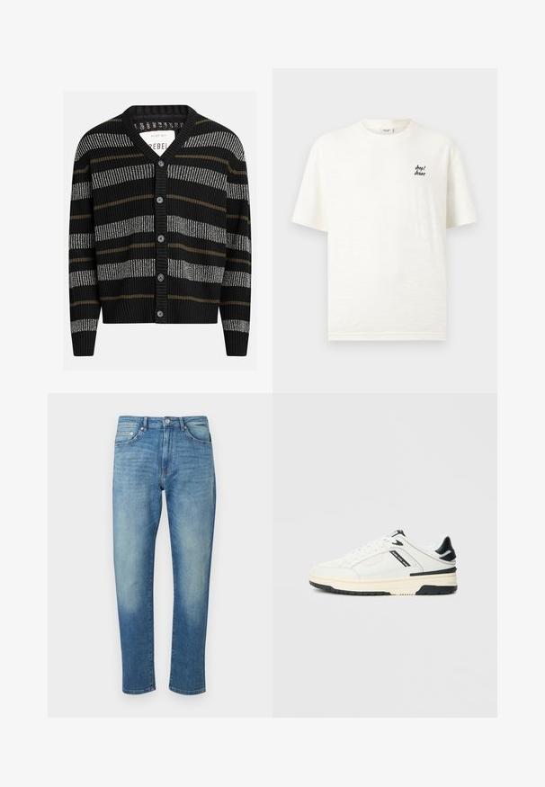 Zwarte cardigan met verticale strepen in grijs en olijfgroen. Heeft een V-hals, geribbelde manchetten en zes zwarte knopen aan de voorkant.; Wit T-shirt met korte mouwen en ronde hals, met een klein "Joop! Jeans" logo in het zwart op de linkerborst.; Blauwe spijkerbroek van denim met een slanke rechte pasvorm, vijfzakkenstijl, knoopsluiting en vervaagde details op dijen en knieën.; Witte lage sneaker met zwarte accenten, crèmewitte zool, veters, en de tekst "Jeans Pepe" op het zijpaneel.
