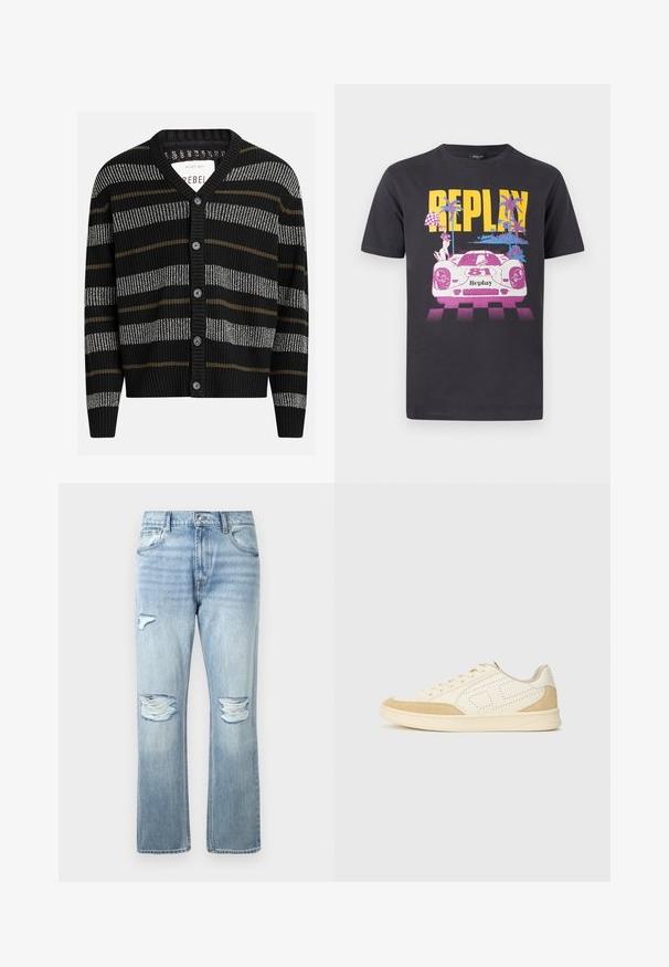 Zwarte cardigan met verticale strepen in grijs en olijfgroen. Heeft een V-hals, geribbelde manchetten en zes zwarte knopen aan de voorkant.; Zwart T-shirt met gele "REPLAY" tekst boven een roze-witte raceauto met nummer 81, palmbomen en een patroon van geruite vlaggen.; Lichtblauwe denim jeans met versleten scheuren op beide knieën en een klein scheurtje op de bovenkant van de linker dij, klassieke vijf-pocketstijl.; Witte leren sneaker met beige suède accenten, geperforeerd ontwerp aan de zijkanten, ronde neus, platte rubberen zool en vetersluiting.