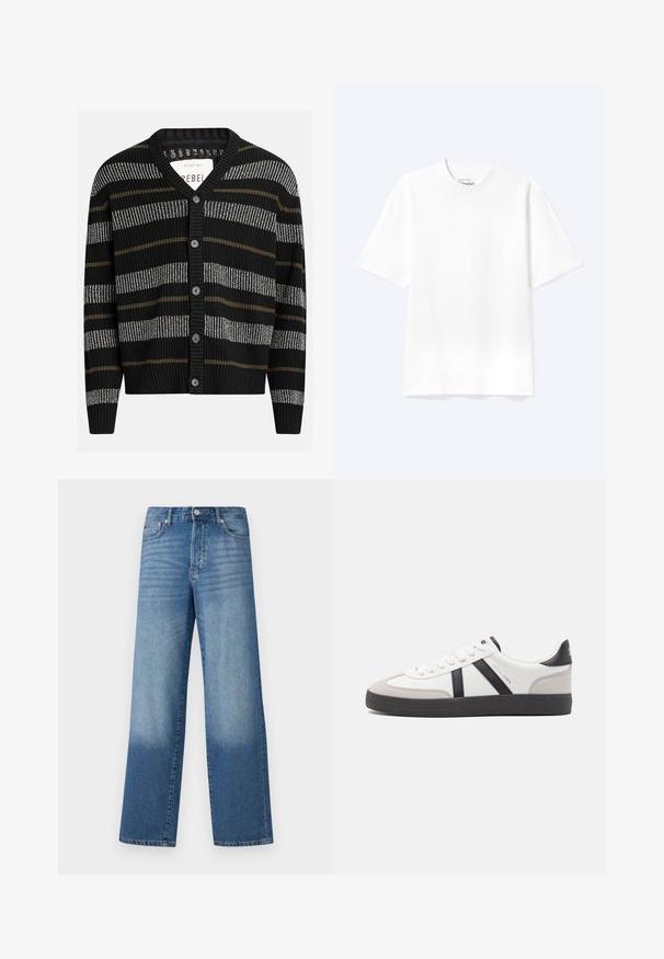 Cárdigan negro con rayas verticales en gris y oliva. Presenta un escote en V, puños acanalados y seis botones negros en la parte delantera.; Camiseta lisa blanca de manga corta y cuello redondo con un corte relajado, mostrada sobre un fondo claro.; Vaqueros de tiro alto y pierna recta en azul, con decoloración en los muslos y sombras más oscuras cerca de los dobladillos, con botón frontal y bolsillos visibles.; Zapatilla blanca con acentos en negro y gris, que presenta una puntera texturizada en gris, suela de goma negra y cordones planos blancos. Diseño limpio, estilo minimalista.