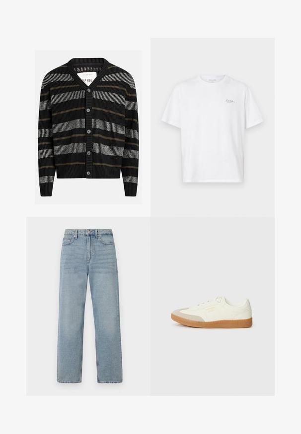 Cárdigan negro con rayas verticales en gris y oliva. Presenta un escote en V, puños acanalados y seis botones negros en la parte delantera.; Camiseta blanca de manga corta hecha de algodón, con cuello redondo y un pequeño logotipo en la parte izquierda del pecho. Textura suave, corte casual.; Jeans de mezclilla azul claro con una cintura alta, diseño de pierna recta, estilo de cinco bolsillos y un ligero desgaste para un efecto usado.; Zapatilla de cuero blanca con puntera beige y suela de goma marrón claro. Presenta cordones planos blancos y una marca en relieve en el lateral.