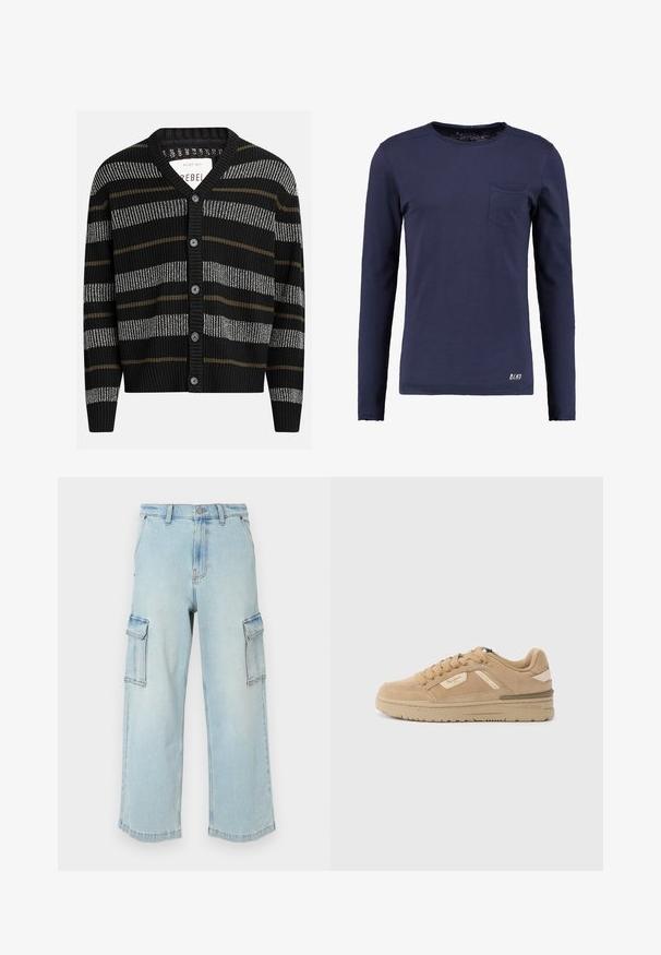 Cárdigan negro con rayas verticales en gris y oliva. Presenta un escote en V, puños acanalados y seis botones negros en la parte delantera.; Camiseta de manga larga en azul marino, hecha de algodón, con cuello redondo, bolsillo en el pecho y un sutil logotipo de la marca en el dobladillo.; Pantalones cargo de mezclilla azul claro con piernas anchas, que presentan dos bolsillos laterales, un cierre de botón y una textura ligeramente desgastada.; Zapatilla de gamuza color canela con puntera redonda, cierre de cordones y collar acolchado. Cuenta con una entresuela texturizada y detalles sutiles de la marca en el lateral.