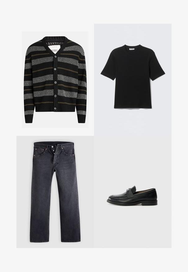 Zwarte cardigan met verticale strepen in grijs en olijfgroen. Heeft een V-hals, geribbelde manchetten en zes zwarte knopen aan de voorkant.; Zwart T-shirt met korte mouwen en ronde hals, met een label "WEEKDAY" aan de binnenkant van de kraag, plat neergelegd op een lichte achtergrond.; Zwarte spijkerbroeken met een rechte pasvorm, ontwerp met vijf zakken en koperen knoopaccenten. Gladde textuur met een licht vervaagde afwerking.; Zwarte lederen instappers met een gladde afwerking, voorzien van een gestructureerde bovenband, lage hak en minimale stiksel-details.