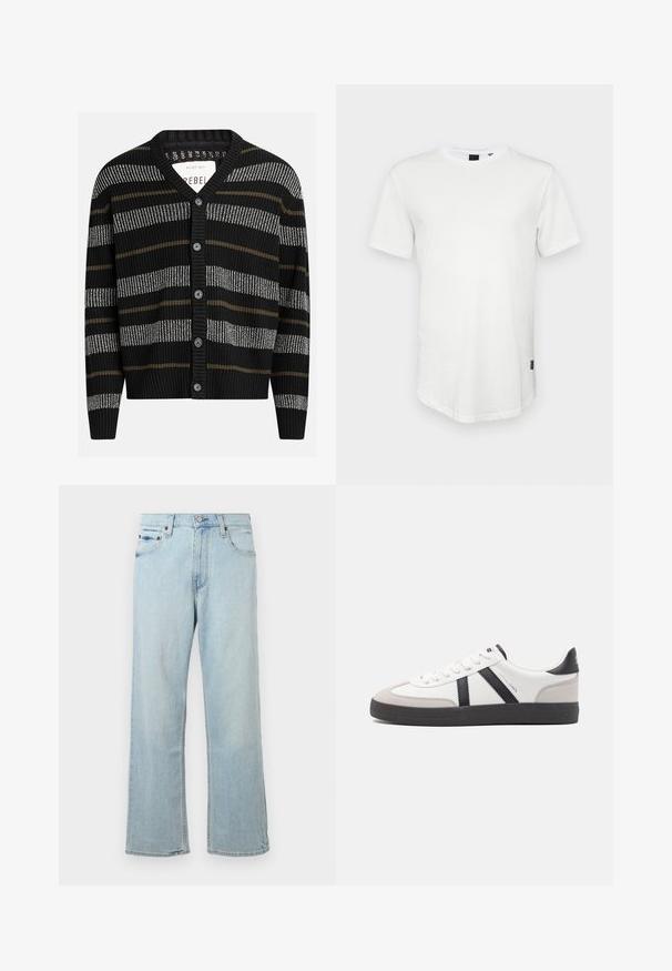 Cárdigan negro con rayas verticales en gris y oliva. Presenta un escote en V, puños acanalados y seis botones negros en la parte delantera.; Camiseta blanca de manga corta hecha de algodón, con un escote redondo y una parte trasera ligeramente alargada, con un pequeño logotipo en el lateral.; Vaqueros de mezclilla azul claro con un diseño holgado y de pierna ancha. Cuenta con cinco bolsillos, presillas para cinturón y un cierre de cremallera con botón.; Zapatilla blanca con acentos en negro y gris, que presenta una puntera texturizada en gris, suela de goma negra y cordones planos blancos. Diseño limpio, estilo minimalista.